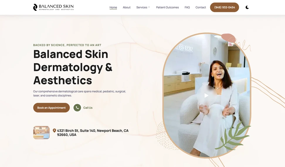 Balanced Skin Dermatology website homepage, a Newport Beach dermatology practice site built by Practical Site Design