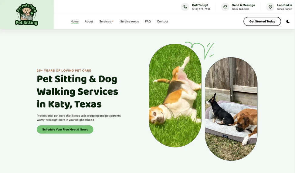 For Pets Sake Pet Sitting website homepage, a Katy pet sitting and dog walking site built by Practical Site Design