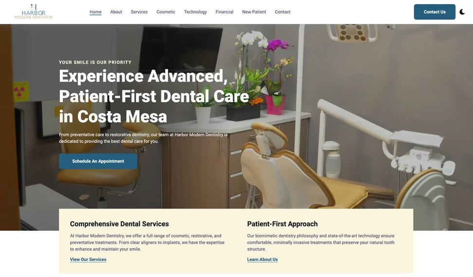 Harbor Modern Dentistry website homepage, a custom dental practice site built by Practical Site Design