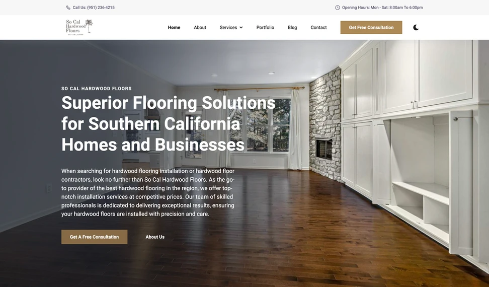 So Cal Hardwood Floors website homepage, a flooring contractor site built by Practical Site Design